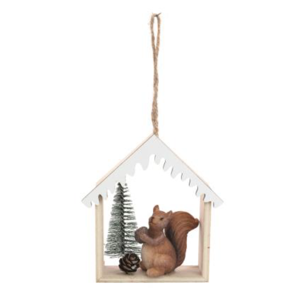 Enfeite de Pendurar Casinha de Madeira com Esquilo de Resina 10cm - Ref 1051788 Cromus