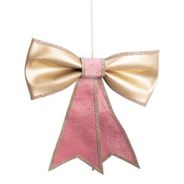 Enfeite Pendurar Laço de Corino Dourado com Veludo Rosa Chá 26cm - Ref 1107566 Cromus