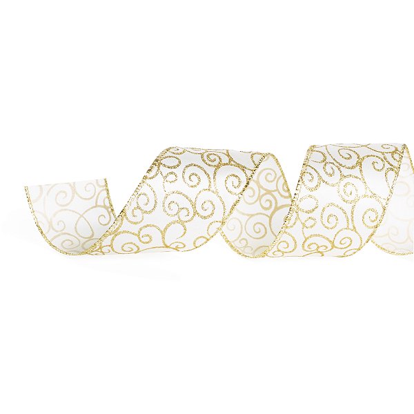 Fita Aramada de Natal Branca com Arabescos Ouro 6,3x914cm - Ref 1418320 Cromus
