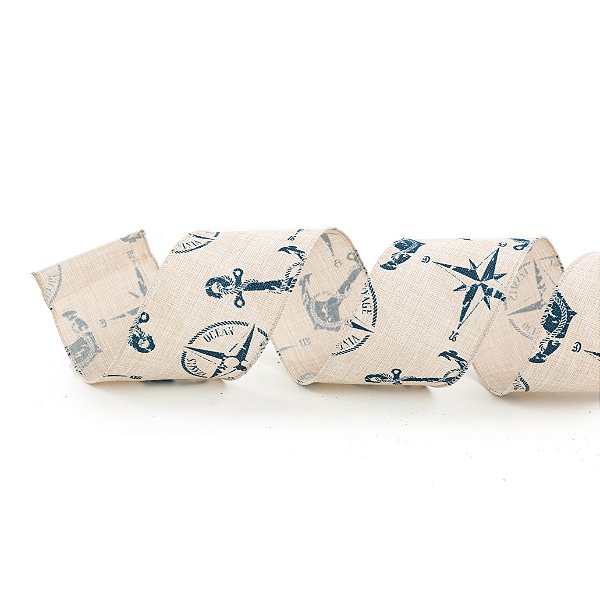Fita Aramada Linho Cru com Estampas Naval Azul Escuro 6,3X914cm - Ref 1042721 Cromus