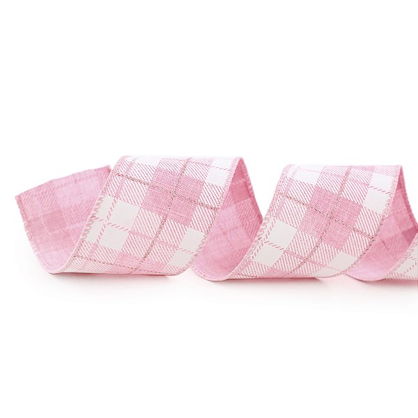 Fita Aramada de Linho Rosa Claro com Xadrez Branco 6,3x914cm - Ref 1056684 Cromus