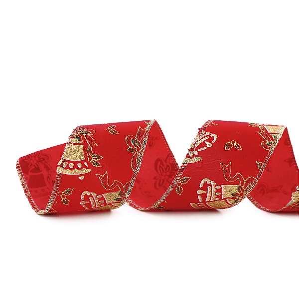 Fita Aramada de Natal Veludo Vermelho Estampas Sinos e Azevinhos 6,3x914cm - Ref 1057775 Cromus