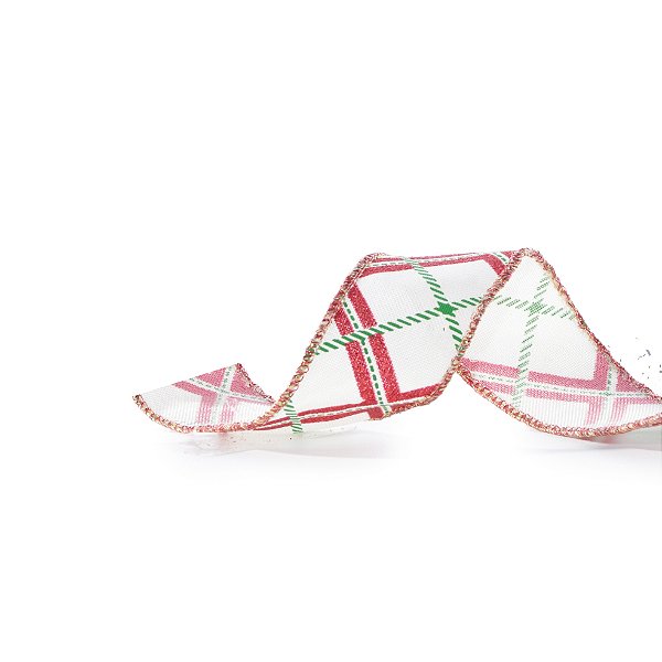 Fita Aramada de Natal Branca com Xadrez Vermelho e Verde 3,8x914cm - Ref 1693909 Cromus
