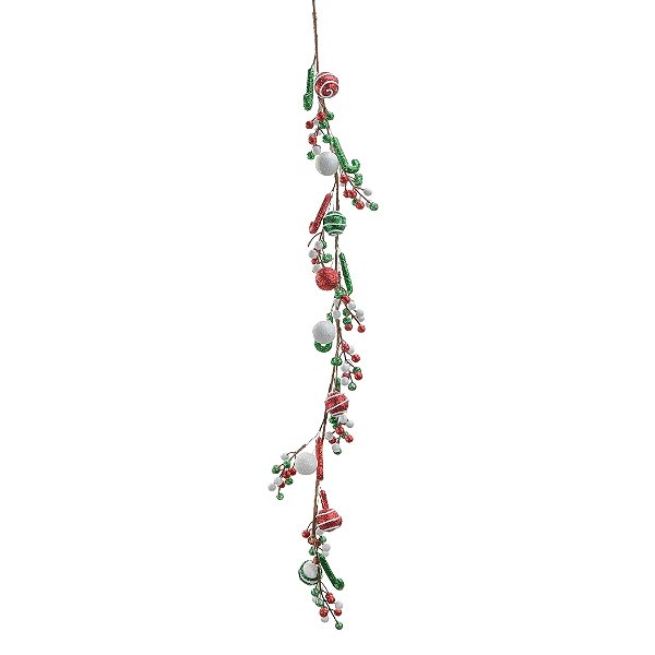 Galho Longo Festão com Enfeites Bolas, Bengalas e Berry Verde, Branco e Vermelho 120cm - Ref 1004985 Cromus
