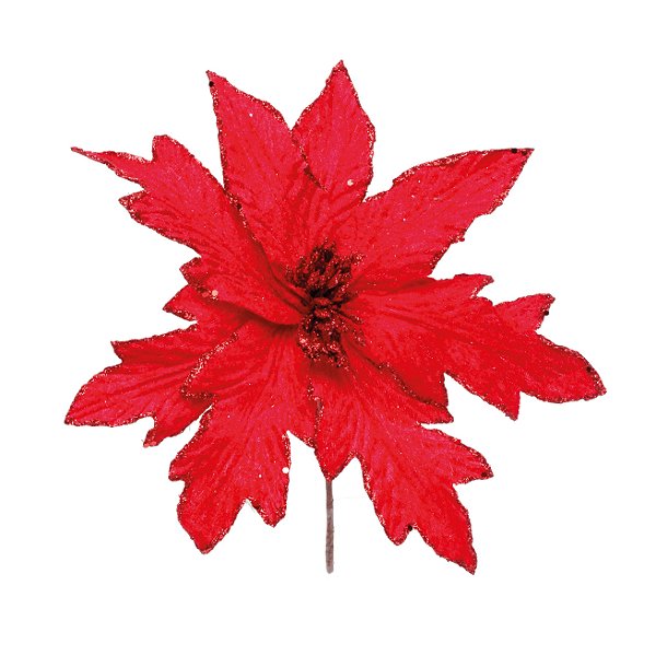 Flor de Natal Poisentia Vermelha de Veludo com Miolo Glitter - Ref 1200216 Cromus
