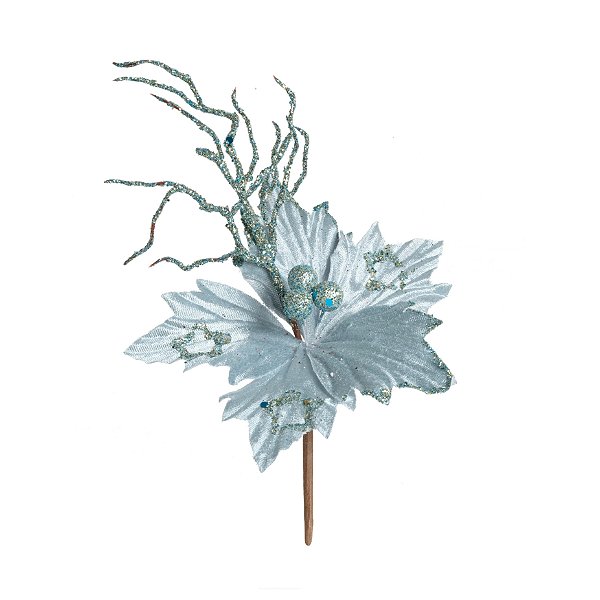 Flor de Natal Poisentia Azul Claro Com Galho Glitter - Ref 1920540 Cromus