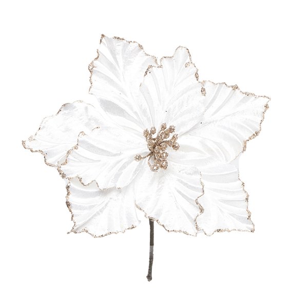 Flor de Natal Poisentia de Veludo Branco com Borda Dourada 15cm - Ref 1920266 Cromus