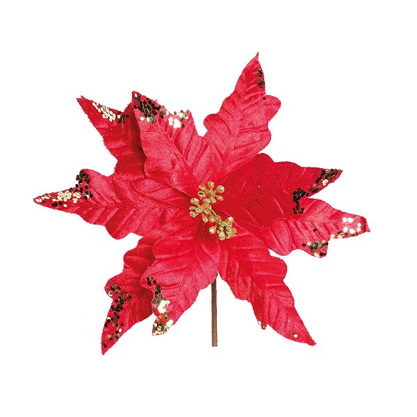 Flor de Natal Poisentia de Veludo Vermelha com Detalhe Dourado - Ref 1920700 Cromus