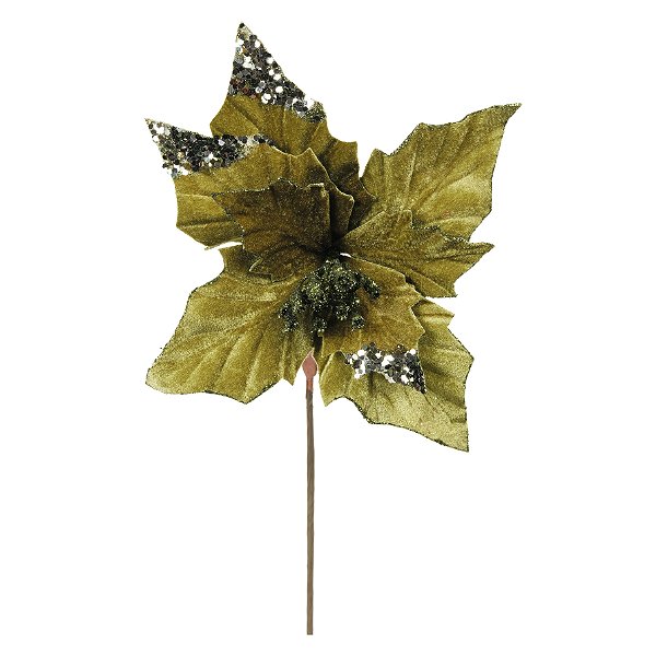 Flor de Natal Poisentia de Veludo Verde com Paetê 20cm - Ref 1058076 Cromus