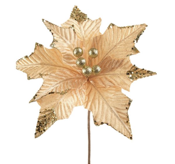 Flor de Natal Poisentia de Veludo Dourado e Creme 30cm - Ref 1089037 Cromus