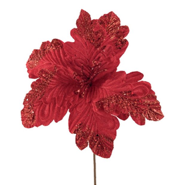 Flor de Natal Poisentia de Veludo Vermelho com Glitter 29cm - Ref 1089137 Cromus