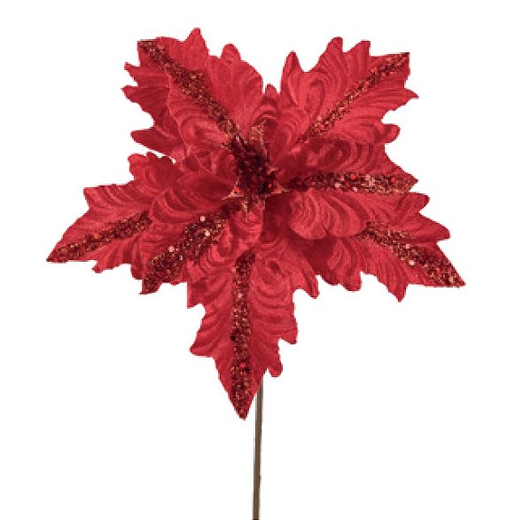 Flor de Natal Poisentia de Veludo Vermelho com Glitter 30cm - Ref 1089144 Cromus