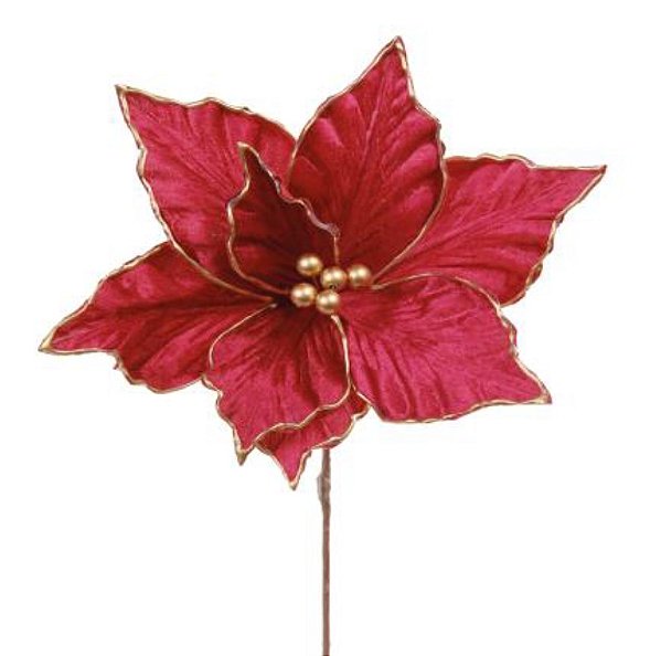 Flor de Natal Poisentia de Veludo Vinho com Borda Dourada - Ref 1056786 Cromus