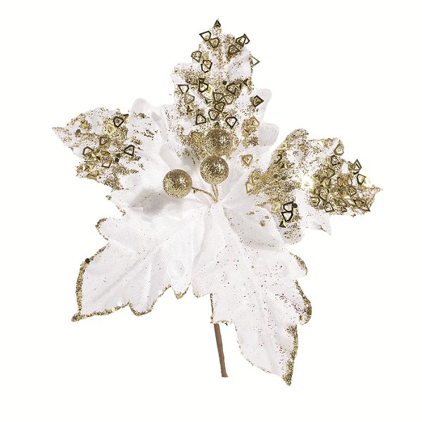 Flor de Natal Poisentia de Veludo Branco com Glitter Dourado 13cm - Ref 1069542 Cromus