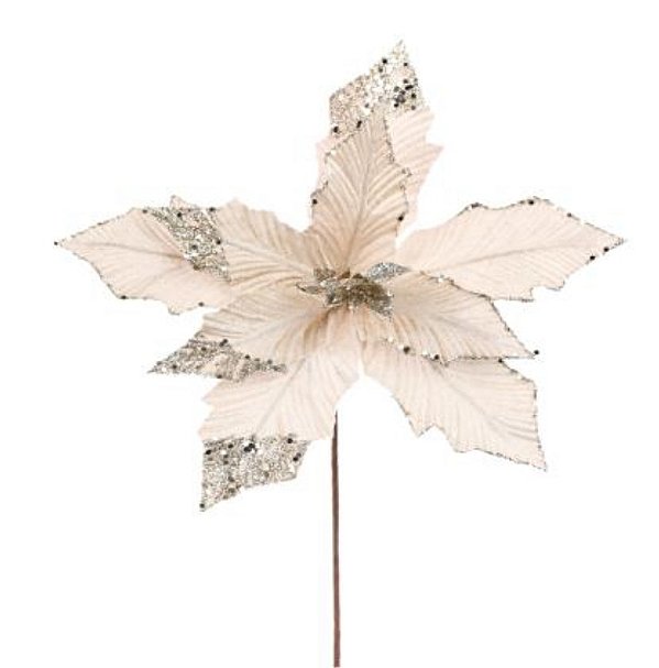 Flor de Natal Poisentia de Veludo Chá com Glitter 26cm - Ref 1032616 Cromus