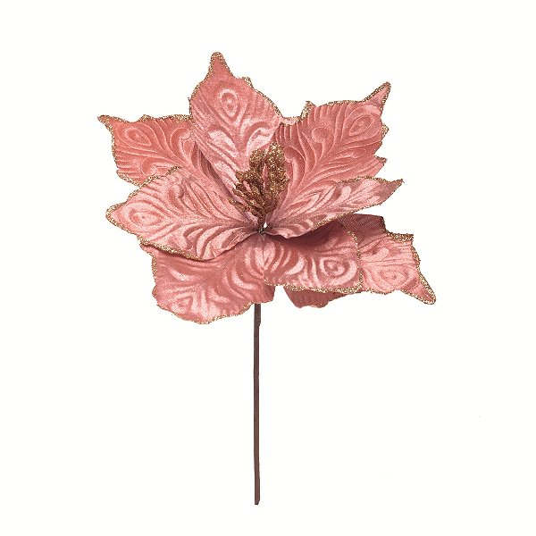 Flor de Natal Poisentia de Veludo Rose com Borda Glitter 26cm - Ref 1024217 Cromus