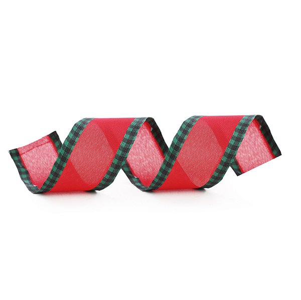 Fita Aramada de Natal Vermelha com Borda Xadrez Verde 6,3x914cm - Fitas Natalinas - Ref 1030803 Cromus