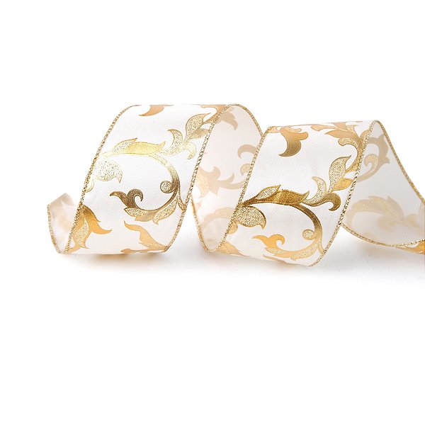 Fita Aramada de Natal Branca com Arabescos Dourados 6,3x914cm - Fitas Natalinas - Ref 1030800 Cromus