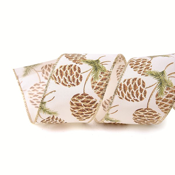 Fita Aramada de Natal Linho Branca com Estampa Pinhas 6,3x914cm - Fitas Natalinas - Ref 1030717 Cromus