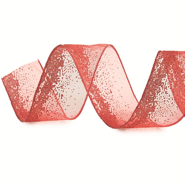 Fita Aramada de Natal Organza Trabalhada Glitter Vermelho 6,3cmx9,14m - Ref 1073580 Cromus