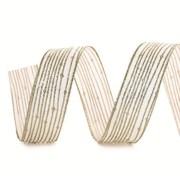 Fita Aramada de Natal Branca Listrada Glitter Dourado 6,3cmx9,14m - Ref 1073572 Cromus