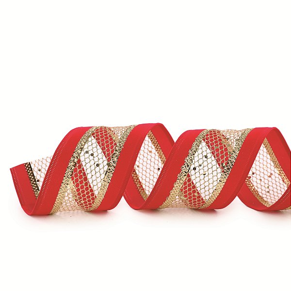 Fita Aramada de Natal Vermelha com Tira Tela Vazada Glitter Dourado 6,3x9,14cm - Ref 1053027 Cromus