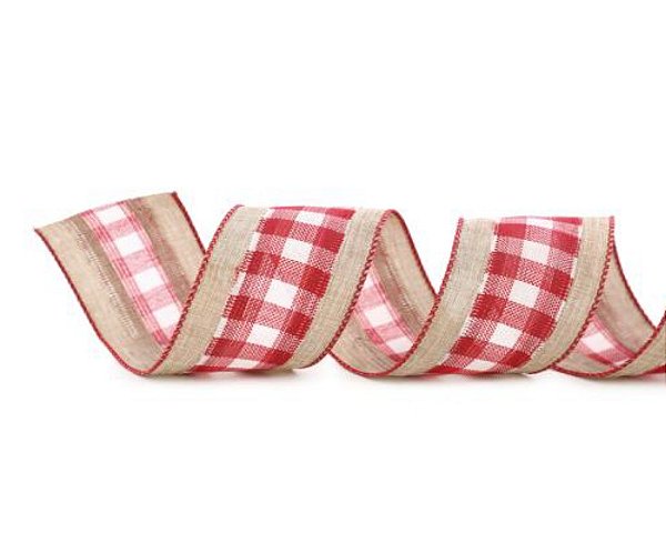 Fita Aramada de Linho Cru com Faixa Central Xadrez Vermelho e Branco 6,3x914cm - Ref 1056697 Cromus