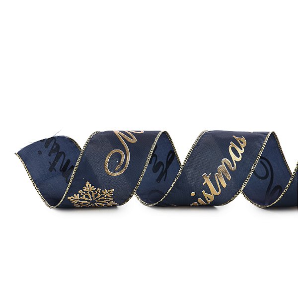 Fita Aramada de Natal Linho Azul Petroleo com Estampa Merry Christmas 6,3x9,14cm - Ref 1053035 Cromus