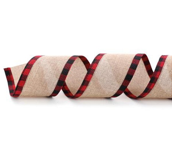 Fita Aramada de Linho Cru com Borda Xadrez Vermelho e Preto 9.14x6.3cm - Ref 1026339 Cromus
