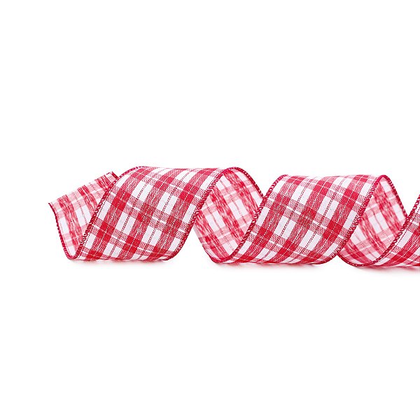 Fita Aramada de Linho Xadrez Branco e Vermelho com Fio Metalizado Prata 6,3x9,14cm - Ref 1118162 Cromus