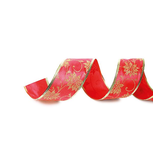 Fita de Natal Cetim Aramada Vermelha com Flores Glitter 3,8x914cm - Ref 1717068 Cromus