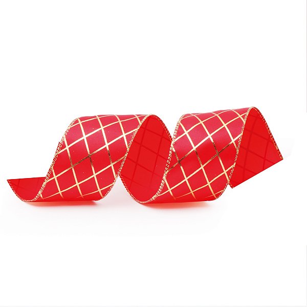 Fita Aramada de Natal Cetim Vermelha com Losangos Metalizados Dourado 6,3cmx914cm - Ref 1206637 Cromus