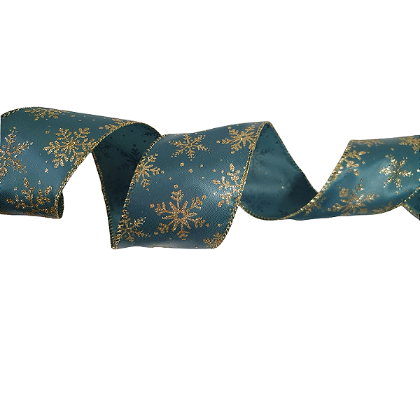 Fita Aramada de Natal Verde Tiffany com Flocos de Neve Dourado 6,3cmx914cm - Ref 1206618 Cromus