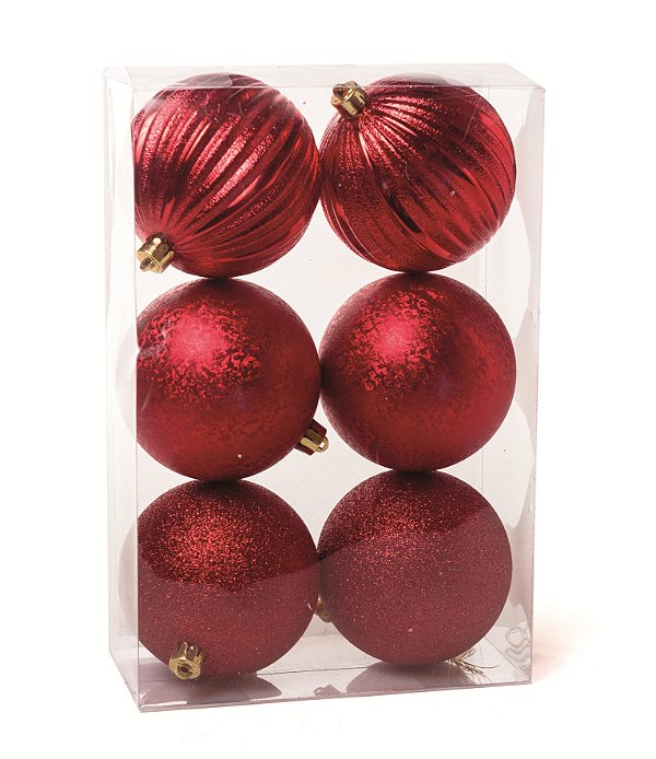 Bolas de Natal Vermelha Listras, Glitter e Texturizada 10cm - Ref 1591306 Cromus