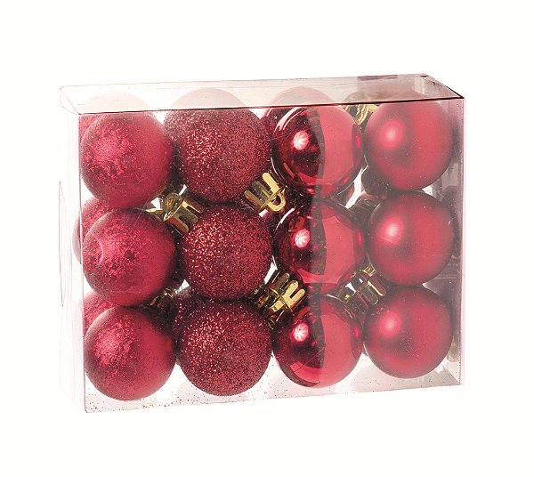 Bolas de Natal Pequenas Vermelho Fosco, Glitter, Brilho e Textura 3cm 24 Unidades - Ref 1591320 Cromus