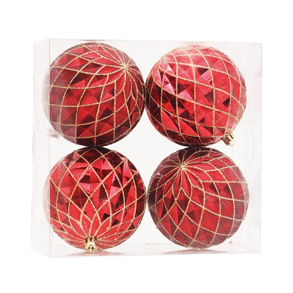 Bolas de Natal Quadriculada Vermelho e Dourada 10cm com 4Un - Ref 1207251 Cromus