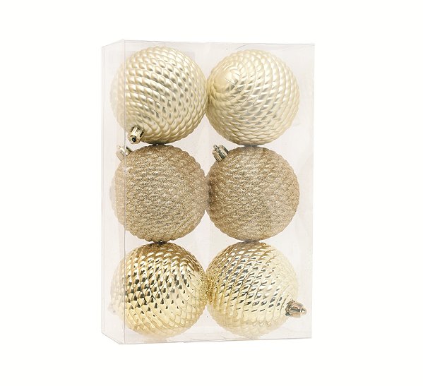 Bolas de Natal Sortidas Trançadas Dourada Fosca, Glitter e Lisa 8cm - Ref 1207207 Cromus