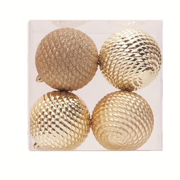 Bolas de Natal Trançadas Dourada Sortida Glitter, Fosco e Brilho 10cm com 4 Un - Ref 1207223 Cromus