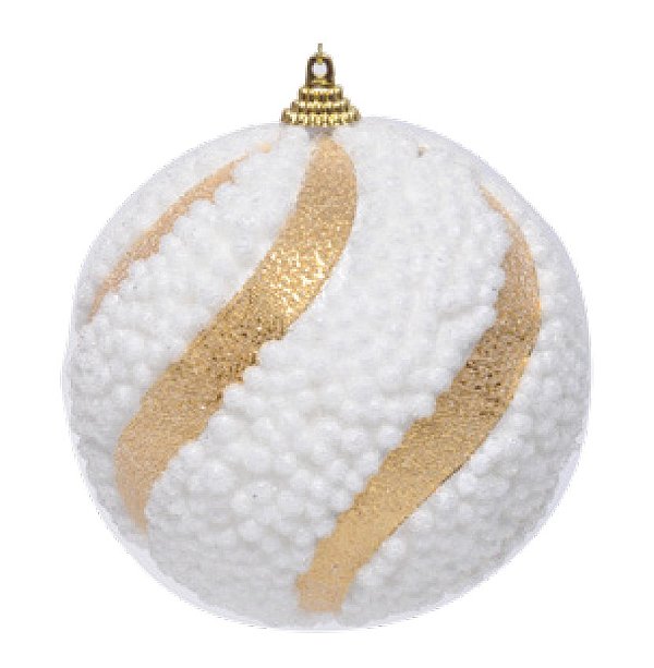 Bolas de Natal Flocadas Ondas Branco e Ouro 8cm com 6Un - Ref 1019140 Cromus