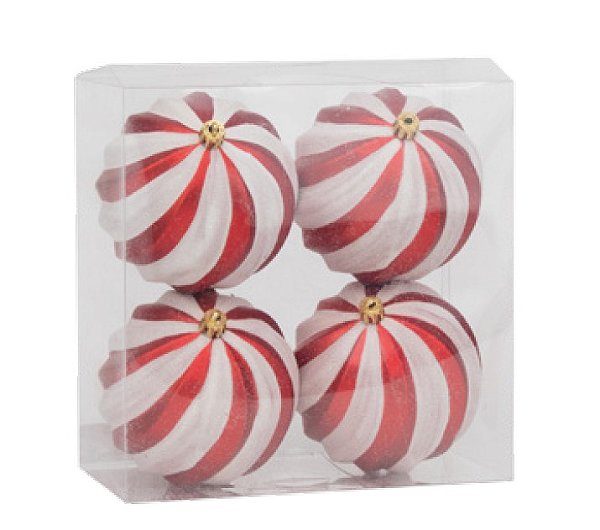 Bolas de Natal Listras Espiral Vermelho e Branco 10cm com 4 Un - Ref 1020186 Cromus