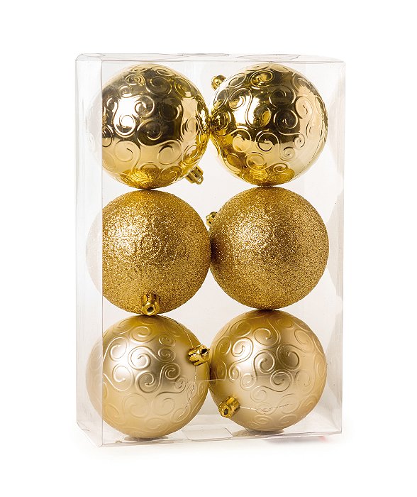 Bolas de Natal Lisa, Glitter e Arabesco Dourada 8cm com 6Un - Ref 1712722 Cromus