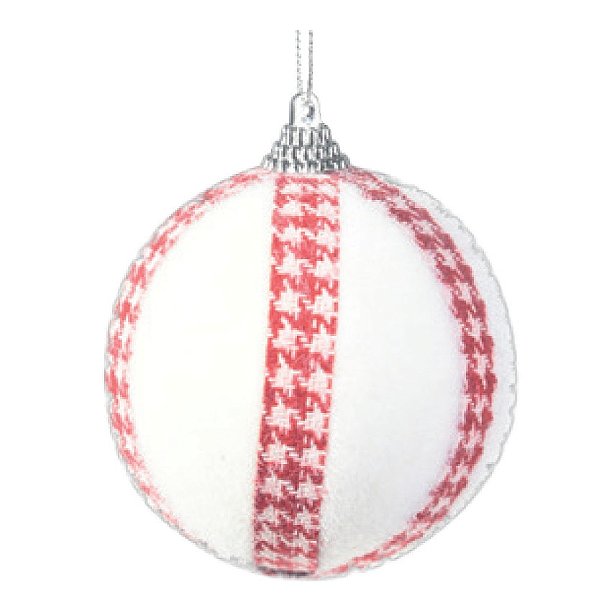 Bolas de Natal Flocado Branco com Listras Xadrez Vermelho 8cm com 6Un - Ref 1106502 Cromus