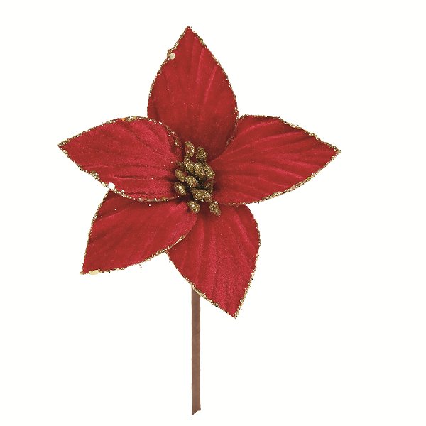 Flor de Natal Poisentia Vermelha Veludo Borda Dourada 12cm - Ref 1041830 Cromus