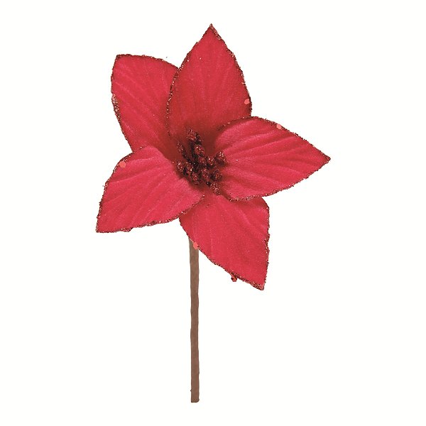 Flor de Natal Poisentia de Veludo Vermelha com Borda Glitter Vermelha 10cm - Ref 1041835 Cromus