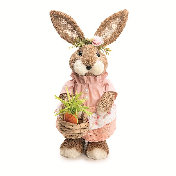 Coelha de Palha em Pé com Cesta de Cenouras e Vestido 40x14x20cm - Ref 1024747 Cromus