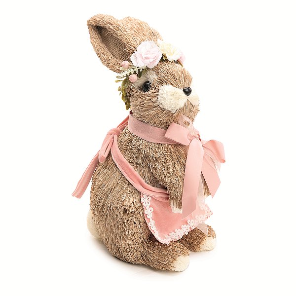 Coelha De Palha em Pé com Avental e Flores na Cabeça 30x15x23cm - Ref 1024746 Cromus