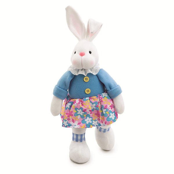 Coelha de Pé com Vestido Florido Azul e Rosa 45x18x9cm - Ref 1024320 Cromus