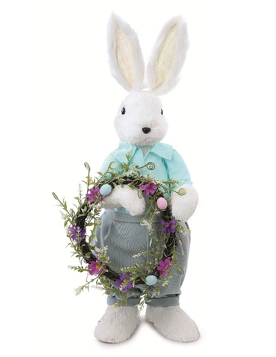 Coelho de Palha Branco em Pé com Roupa Azul Segurando Guirlanda 63x27x25cm - Ref 1024204 Cromus