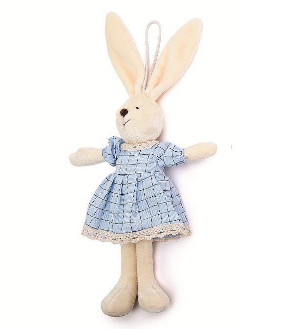Mini Coelha De Pelúcia com Roupa Quadriculada Azul 30x15x4cm - Ref 1023209 Cromus