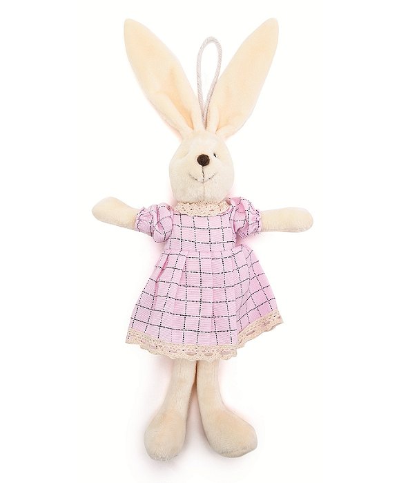 Mini Coelha De Pelúcia com Roupa Quadriculada Rosa 30x15x4cm - Ref 1023209 Cromus